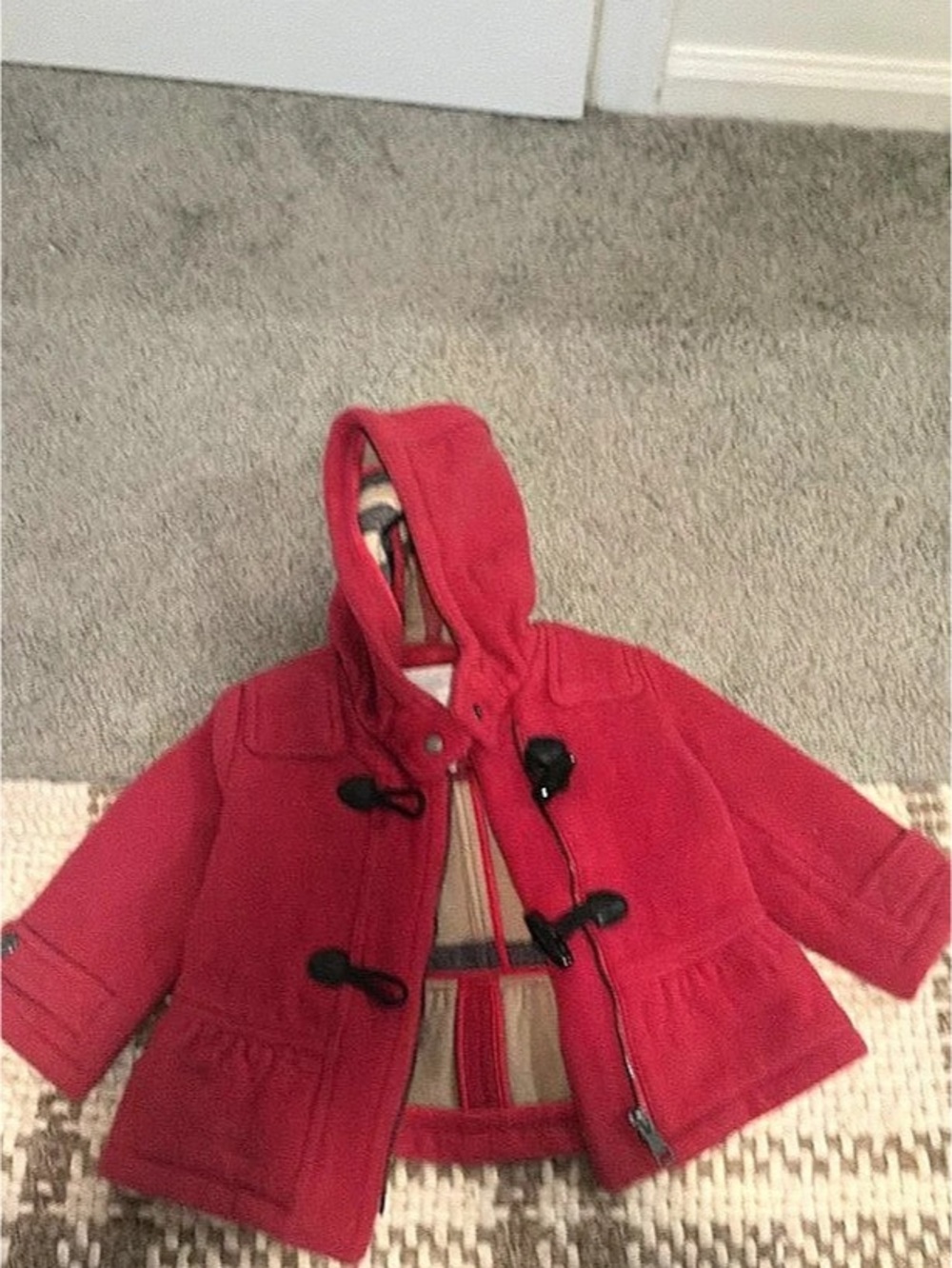 Burberry Childrens Wool Toggle Coat Kids Hooded Plaid Jacket Red